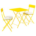 SUNDSÖ Table and 2 folding chairs, outdoor bright yellow/bright yellow Kuddarna light grey-beige, 65x65 cm