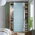 PAX / MEHAMN/AULI Wardrobe with sliding doors, white stained oak effect double sided/light blue mirror glass, 150x44x236 cm