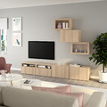 BESTÅ TV storage combination/glass doors, white stained oak effect/Lappviken white stained oak eff clear glass, 240x42x190 cm