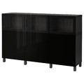 BESTÅ Storage combination with doors, black-brown, Selsviken high-gloss/black, clear glass, 180x40x112 cm