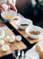 TYNGDLÖS Tray with 3 bowls, bamboo/white