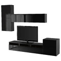 BESTÅ TV storage combination/glass doors, black-brown/Selsviken high-gloss/black smoked glass, 300x42x211 cm