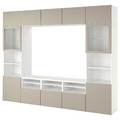 BESTÅ TV storage combination/glass doors, white Sindvik/Lappviken light grey/beige, 300x42x231 cm