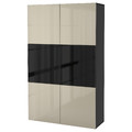 BESTÅ Storage combination w/glass doors, black-brown, Selsviken high-gloss/beige, dimmed glass, 120x40x192 cm