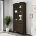 HEMNES Glass-door cabinet with 3 drawers, black-brown, 90x197 cm