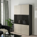 BESTÅ Storage combination w/glass doors, black-brown, Selsviken high-gloss/beige, dimmed glass, 120x40x192 cm