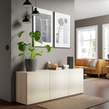 BESTÅ Storage combination with doors, white stained oak effect/Selsviken high-gloss/beige, 180x42x65 cm