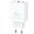 USAMS Wall Charger EU Plug USB-C+USB-A 45W GaN PD 3.0 Fast, white