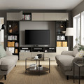 BESTÅ TV storage combination/glass doors, black-brown/Selsviken high-gloss/beige clear glass, 300x42x231 cm