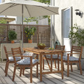 ASKHOLMEN Table+4 chairs w armrests, outdoor, dark brown/Klösan blue, 143x75 cm
