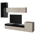 BESTÅ TV storage combination/glass doors, black-brown/Selsviken high-gloss/beige smoked glass, 300x42x211 cm