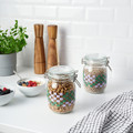 KORKEN Jar with lid, clear glass patterned/bright green lilac, 1 l