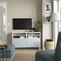 BESTÅ TV bench with doors, white/Selsviken/Stubbarp light grey-blue, 120x42x74 cm