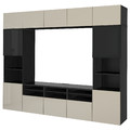 BESTÅ TV storage combination/glass doors, black-brown/Selsviken high-gloss/beige smoked glass, 300x42x231 cm