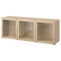 BESTÅ Storage combination with doors, white stained oak effect, Sindvik white stained oak eff clear glass, 180x42x65 cm