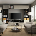 BESTÅ TV storage combination/glass doors, black-brown/Selsviken high-gloss/beige smoked glass, 300x42x231 cm