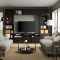 BESTÅ TV storage combination/glass doors, black-brown/Lappviken black-brown clear glass, 300x42x231 cm