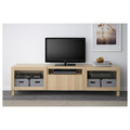 BESTÅ TV bench, white stained oak effect, Lappviken/Stubbarp white stained oak eff clear glass, 180x42x48 cm