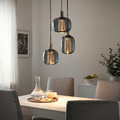 HÖGVIND Pendant lamp with 3 lamps, nickel-plated/grey glass