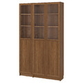 BILLY / OXBERG Bookcase comb w panel/glass doors, brown walnut effect, 120x30x202 cm