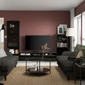 BESTÅ TV storage combination/glass doors, black-brown/Selsviken high-gloss/black smoked glass, 300x42x193 cm