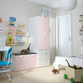 SMÅSTAD / PLATSA Storage combination, white pale pink/with bench, 150x57x181 cm