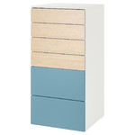 SMÅSTAD / PLATSA Chest of 6 drawers, white birch/blue, 60x57x123 cm