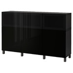 BESTÅ Storage combination with doors, black-brown, Selsviken/Glassvik high-gloss/black, smoked glass, 180x40x112 cm