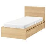 MALM Bed frame, high, with 2 storage boxes, white stained oak effect, 90x200 cm