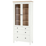 HEMNES Glass-door cabinet with 3 drawers, white stain, light brown, 90x197 cm