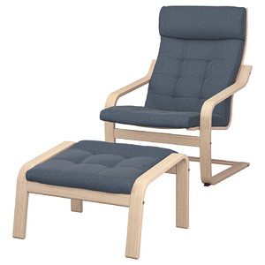 POÄNG Armchair and footstool, white stained oak veneer/Gunnared blue