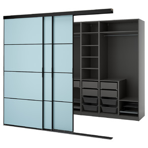 PAX/SKYTTA Walk-in wardrobe with sliding doors, black dark grey/Mehamn light blue, 276x160x240 cm