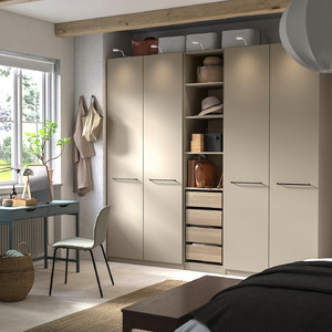 PAX / FORSAND Wardrobe combination, grey-beige/white stained oak effect grey-beige, 250x60x236 cm