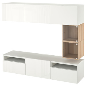 BESTÅ / EKET TV bench, white/Selsviken high-gloss/white, 180x42x166 cm