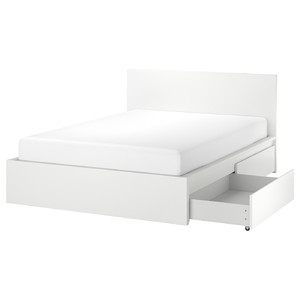 MALM Bed frame, high, w 2 storage boxes, white/Lindbåden, 140x200 cm