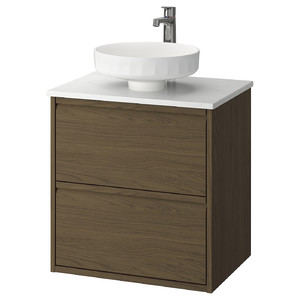 ÄNGSJÖN / LERSJÖN Wash-stnd w drawers/wash-basin/tap, brown oak effect/white marble effect, 62x49x79 cm