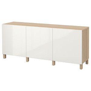 BESTÅ Storage combination with doors, white stained oak effect, Selsviken high-gloss/white, 180x40x74 cm