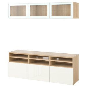 BESTÅ TV storage combination/glass doors, white stained oak effect/Selsviken high-gloss/white clear glass, 180x42x192 cm