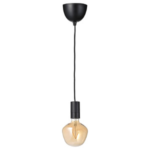 SUNNEBY / MOLNART Pendant lamp with light bulb, black bell-shaped/brown clear glass