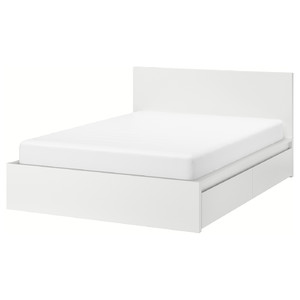 MALM Bed frame, high, w 4 storage boxes, white, Luröy, 140x200 cm