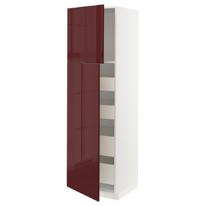 METOD / MAXIMERA Hi cab w 2 doors/4 drawers, white Kallarp/high-gloss dark red-brown, 60x60x200 cm