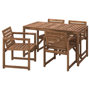 NÄMMARÖ Table+4 chairs w armrests, outdoor, light brown stained, 140 cm