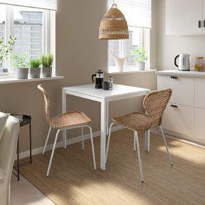 MELLTORP / ÄLVSTA Table and 2 chairs, white white/rattan white, 75x75 cm