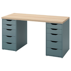 LAGKAPTEN / ALEX Desk, white stained oak effect/grey-turquoise, 140x60 cm