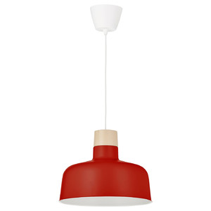 BUNKEFLO Pendant lamp, red/birch, 36 cm