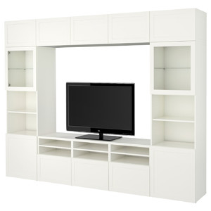 BESTÅ TV storage combination/glass doors, white/Hanviken white clear glass, 300x42x231 cm