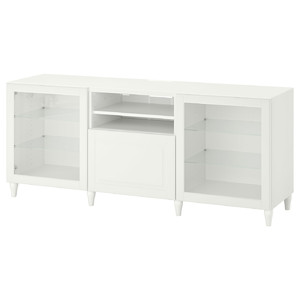 BESTÅ TV bench with drawers, white, Smeviken/Kabbarp white clear glass, 180x42x74 cm