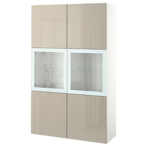 BESTÅ Storage combination w/glass doors, white/Selsviken high gloss/beige clear glass, 120x42x193 cm
