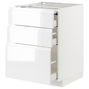 METOD / MAXIMERA Bc w pull-out work surface/3drw, white/Voxtorp high-gloss/white, 60x60 cm