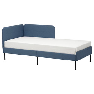 BLÅKULLEN Uph bed frame with corner headboard, Knisa medium blue, 90x200 cm